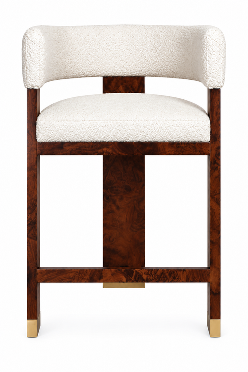 Verde Ivory Bouclé Fabric & Walnut Burl Stool