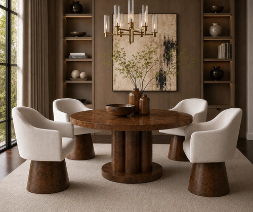 5-Piece Cambria & Barolo Round Walnut Burl Dining Set