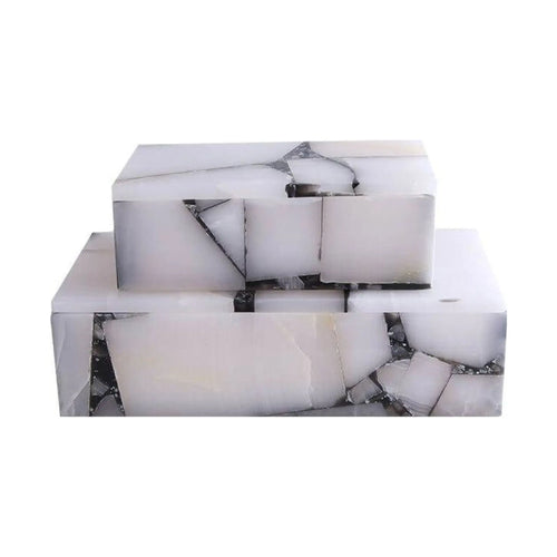 Fracture White Jade Natural Stone Decorative Boxes–Set of 2