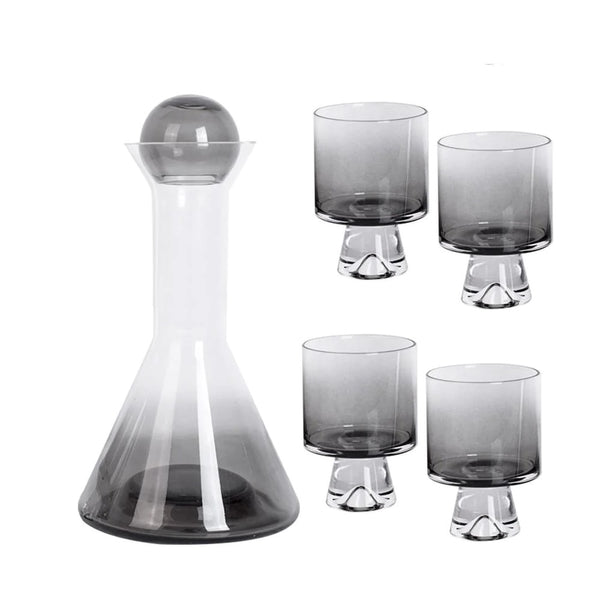 3pc Luxury Grey Glass Wine Bottle & Cup Whiskey Decanter Set