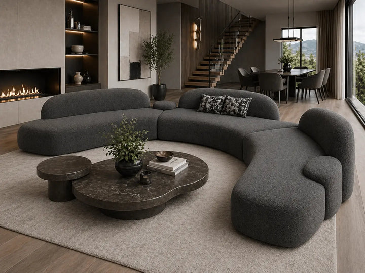 Audra 3PC Charcoal Grey Boucle Fabric Curved Sectional | Modern ...