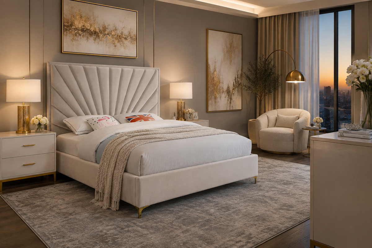 Eclipse Cream Velvet Upholstered  Bed DMV SALE