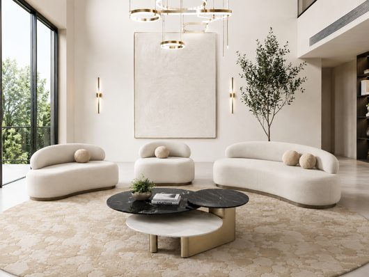 Modern Curved Sofa in Ivory Bouclé with Brass – Modern Contempo
