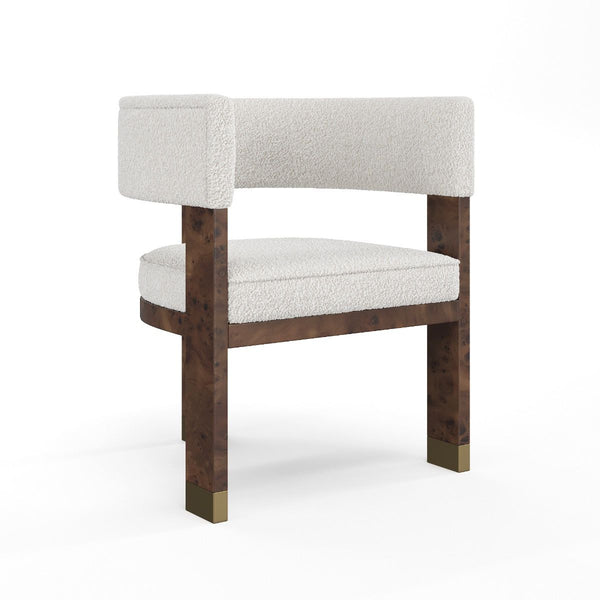 Verde Ivory Bouclé Fabric & Walnut Burl Dining Chair.