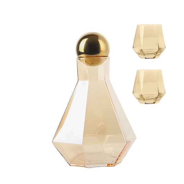 3 Piece Amber Tinted Glass Hexagonal Carafe Decanter and Drinking Glasses Set