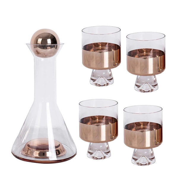5Pc Luxury Rose Gold Glass Wine Bottle & Cup Whiskey Decanter Set