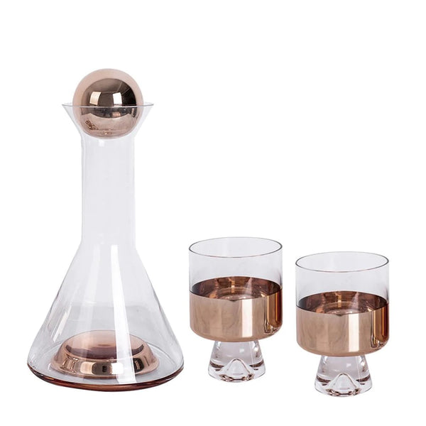 3Pc Luxury Rose Gold Glass Wine Bottle & Cup Whiskey Decanter Set