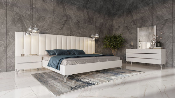 Castiglioni - Italian Modern White Eco Leather Bed w/ Nightstands and Wings