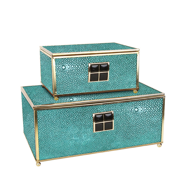 2Pc Decorative Turquoise Leather Brass Trinket Jewelry Box