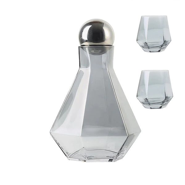 3 Piece Smoke Grey Tinted Glass Hexagonal Carafe Decanter and Drinking Glasses Set