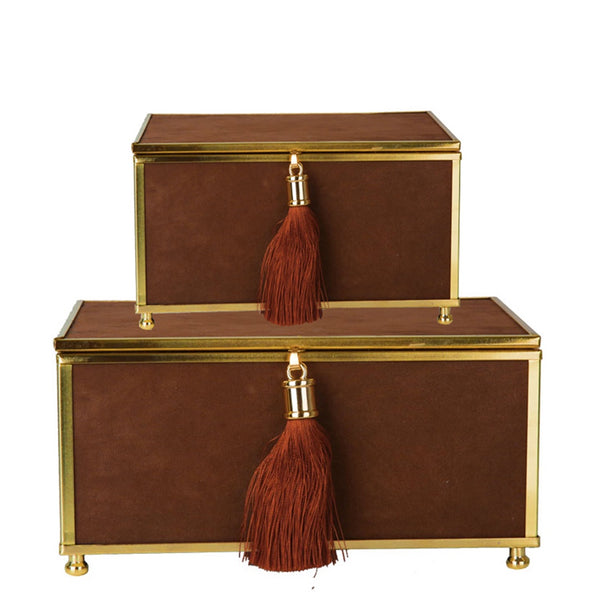 2Pc Decorative Brown Velvet Gold Trinket Jewelry Box with Tassel