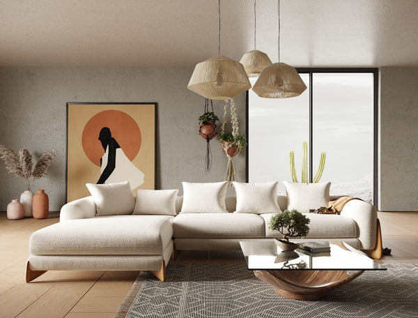 Cascade Contemporary Cream Fabric and Walnut LAF Sectional Sofa