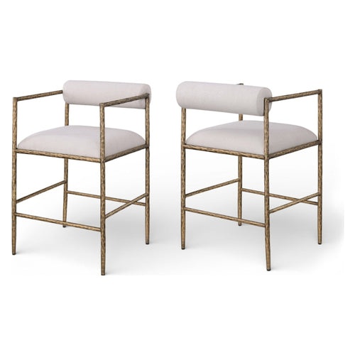 Florence Modern Linen-Textured Upholstered Counter Stool Brushed Brass - Set of 2