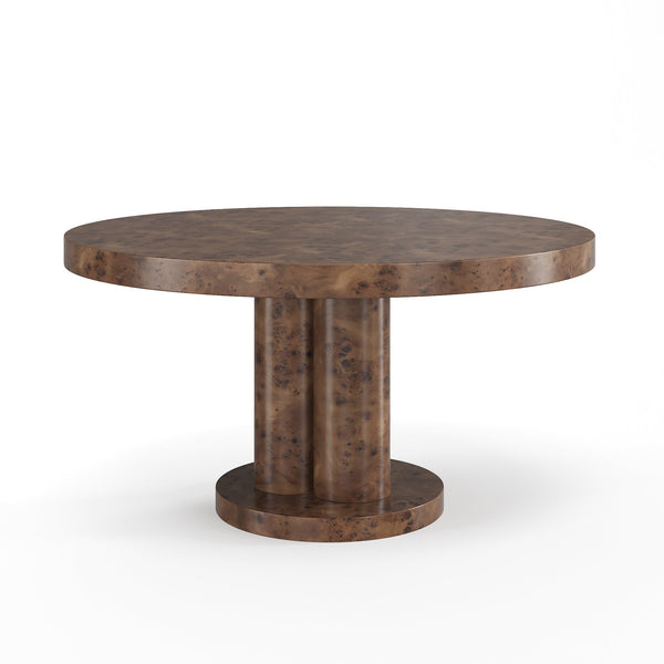 Cambria 51" Round 5–6 Seater Dark Walnut Burl Wood Pillar Dining Table
