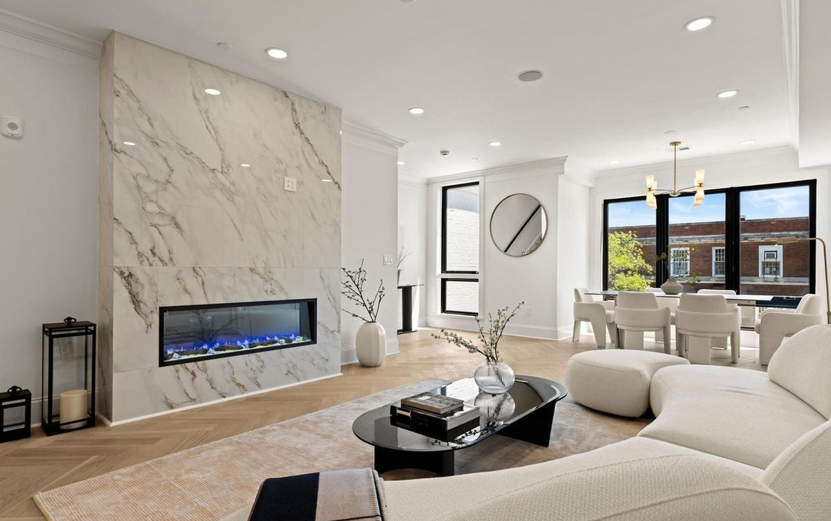 Empire Style Historic Property living room in Washington, DC featuring the Ritson 3-Piece Sectional and Lena Vegan Leather Dining Armchair