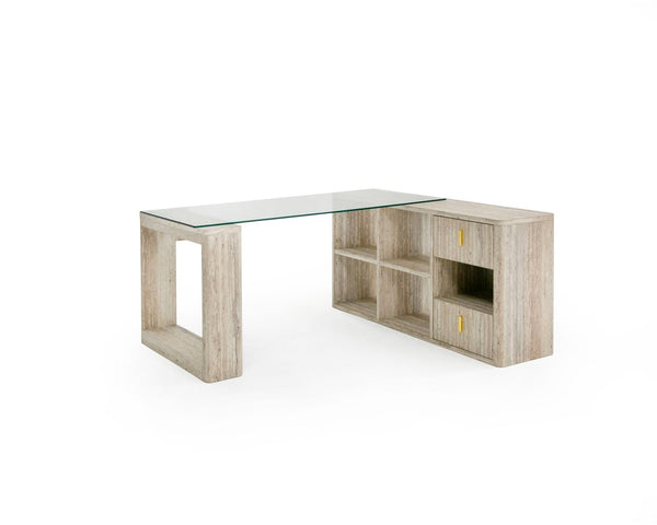 Roma - Modern Glass + Travertine Reversible Desk