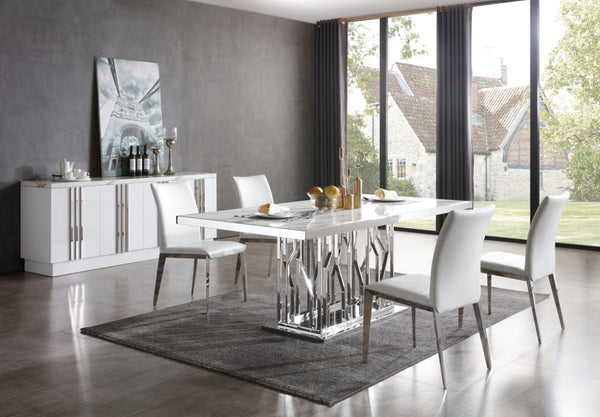 Divinity Modern White Marble & Stainless Steel Dining Table